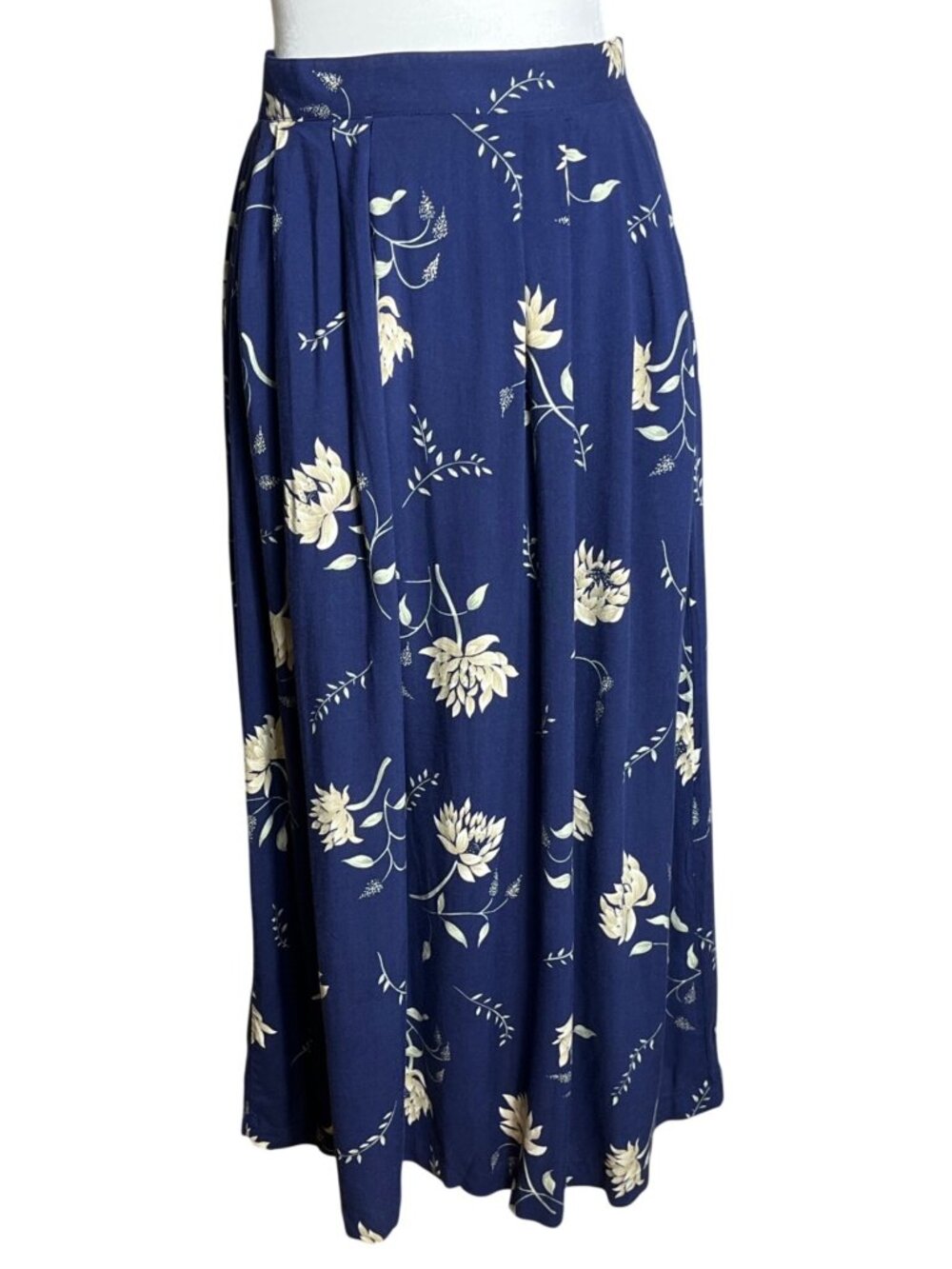 Vtg Navy Floral Midi Skirt Pleats Pockets A-line Preppy Cottagecore Layers Wom S
